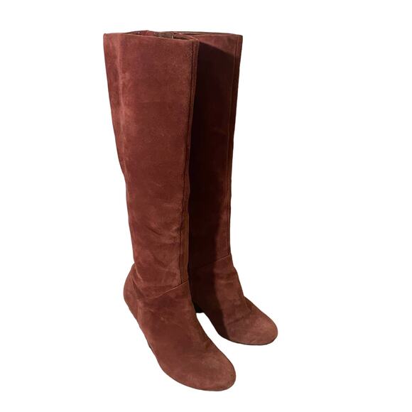 Cole Haan Suede Burgundy Side Zipper Calf Wedge Boot Women Sz 5 - Picture 2 of 12